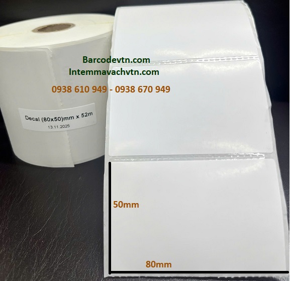Giấy decal mã vạch 80x50mm cuộn 52m