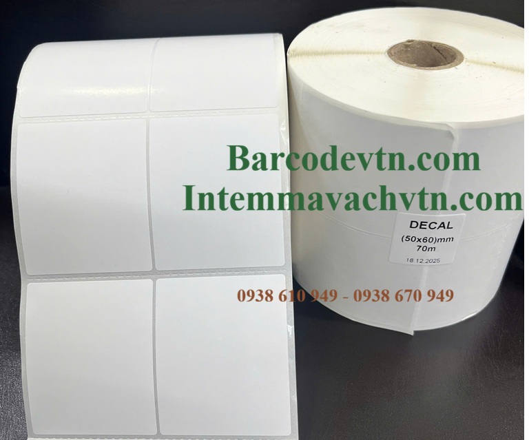 Giấy decal in mã vạch 50×60 (2 tem) 70m